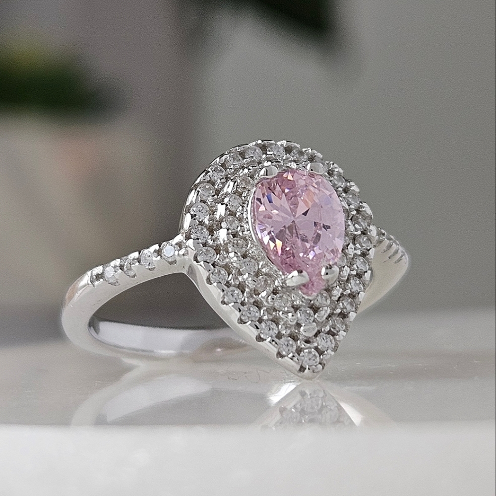 Pear Shaped Double Halo Teardrop ring with Pink Gemstones, 925 Sterling Silver